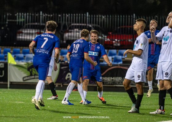 Manly United celebrate Harry McCarthy's goal during the NPL Men's NSW game between Manly and Blacktown, played at Cromer Park on March 6, 2024. Photo credit: Jeremy Denham / Facet Photography