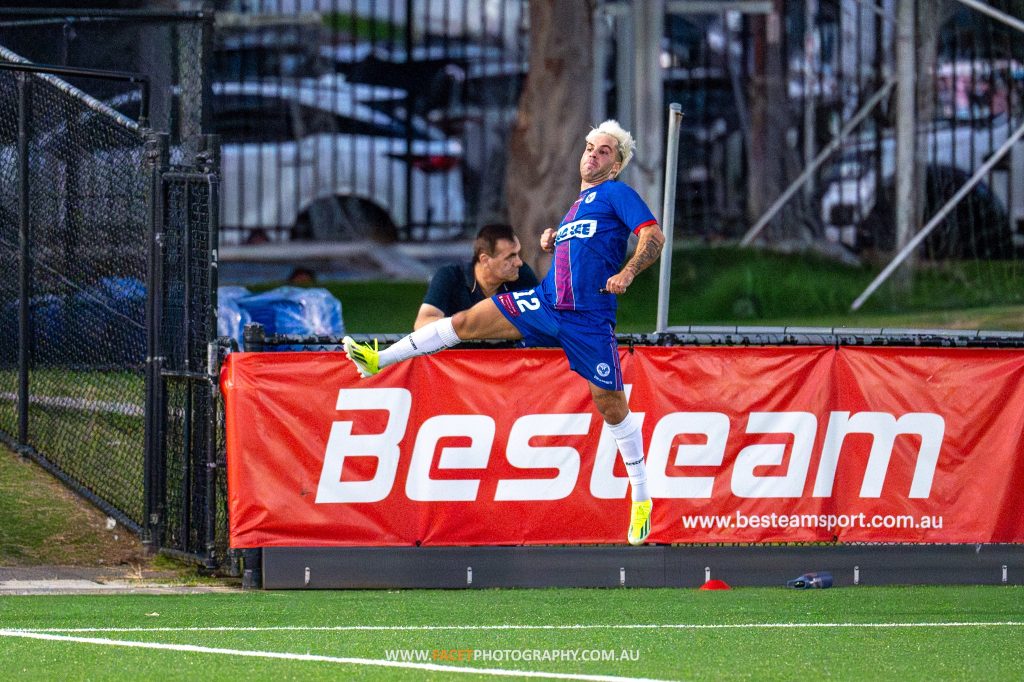 Miguel Bauzà celebrates his first Manly United goal, during the NPL Men's NSW game between Manly and Rockdale, played at Cromer Park on March 9 2024. Photo credit: Jeremy Denham / Facet Photography