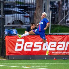 Miguel Bauzà celebrates his first Manly United goal, during the NPL Men's NSW game between Manly and Rockdale, played at Cromer Park on March 9 2024. Photo credit: Jeremy Denham / Facet Photography