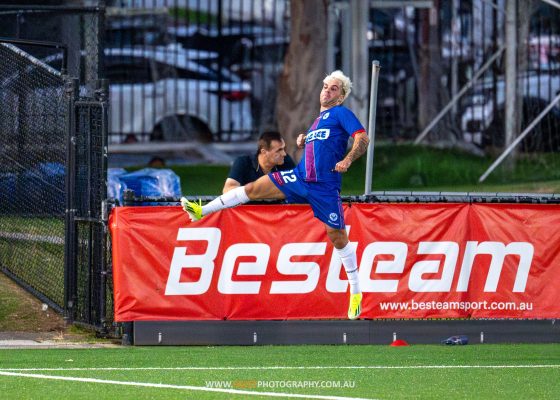 Miguel Bauzà celebrates his first Manly United goal, during the NPL Men's NSW game between Manly and Rockdale, played at Cromer Park on March 9 2024. Photo credit: Jeremy Denham / Facet Photography