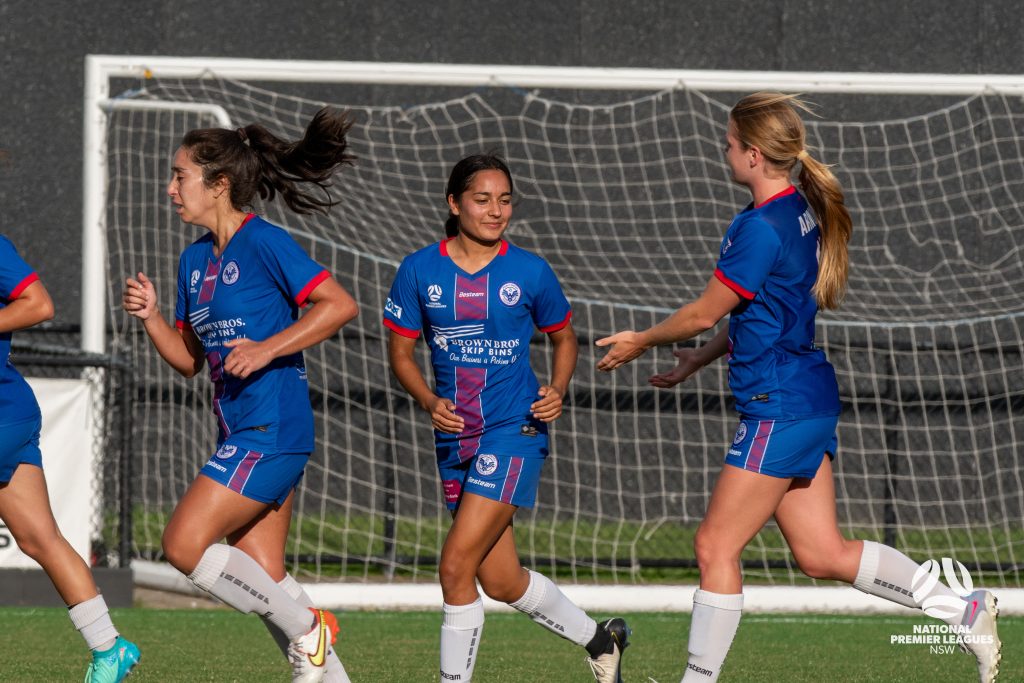 Manly United celebrate a goal during their 3-0 win over Football NSW Institute in Round 6 of the 2024 NPL Women's NSW season. Photo credit: Jeremy Denham for Football NSW