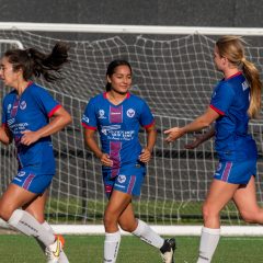 Manly United celebrate a goal during their 3-0 win over Football NSW Institute in Round 6 of the 2024 NPL Women's NSW season. Photo credit: Jeremy Denham for Football NSW