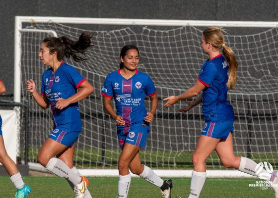 Manly United celebrate a goal during their 3-0 win over Football NSW Institute in Round 6 of the 2024 NPL Women's NSW season. Photo credit: Jeremy Denham for Football NSW