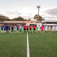 The teams line up before the 2024 Round 9 NPL Men's NSW game between Manly United and Western Sydney Wanderers, played at Cromer Park on April 7, 2024. Photo credit: Jeremy Denham for Football NSW