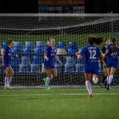 Gemma Woolley celebrates scoring Manly United's 2nd goal in their 3-0 victory over Sydney Olympic, which took them to 1st place in NPL Women's NSW. Photo credit: Jeremy Denham for Football NSW