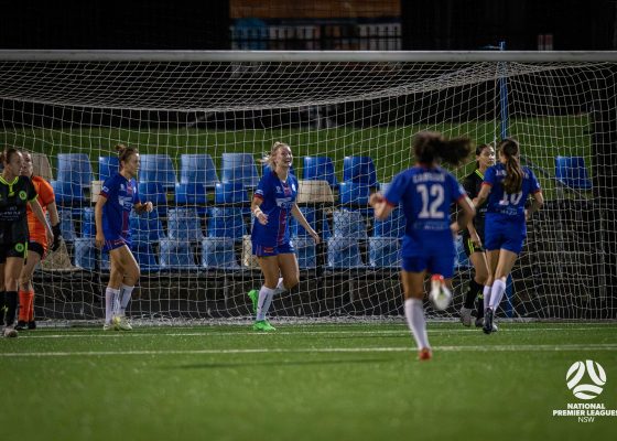 Gemma Woolley celebrates scoring Manly United's 2nd goal in their 3-0 victory over Sydney Olympic, which took them to 1st place in NPL Women's NSW. Photo credit: Jeremy Denham for Football NSW